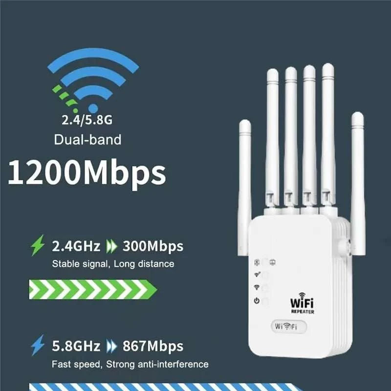 1200Mbps Wireless WiFi Repeater WIFI Extender WiFi Booster 2.4G/5G Network Amplifier 360° Full Coverage Signal For Small Office - MarketDomez