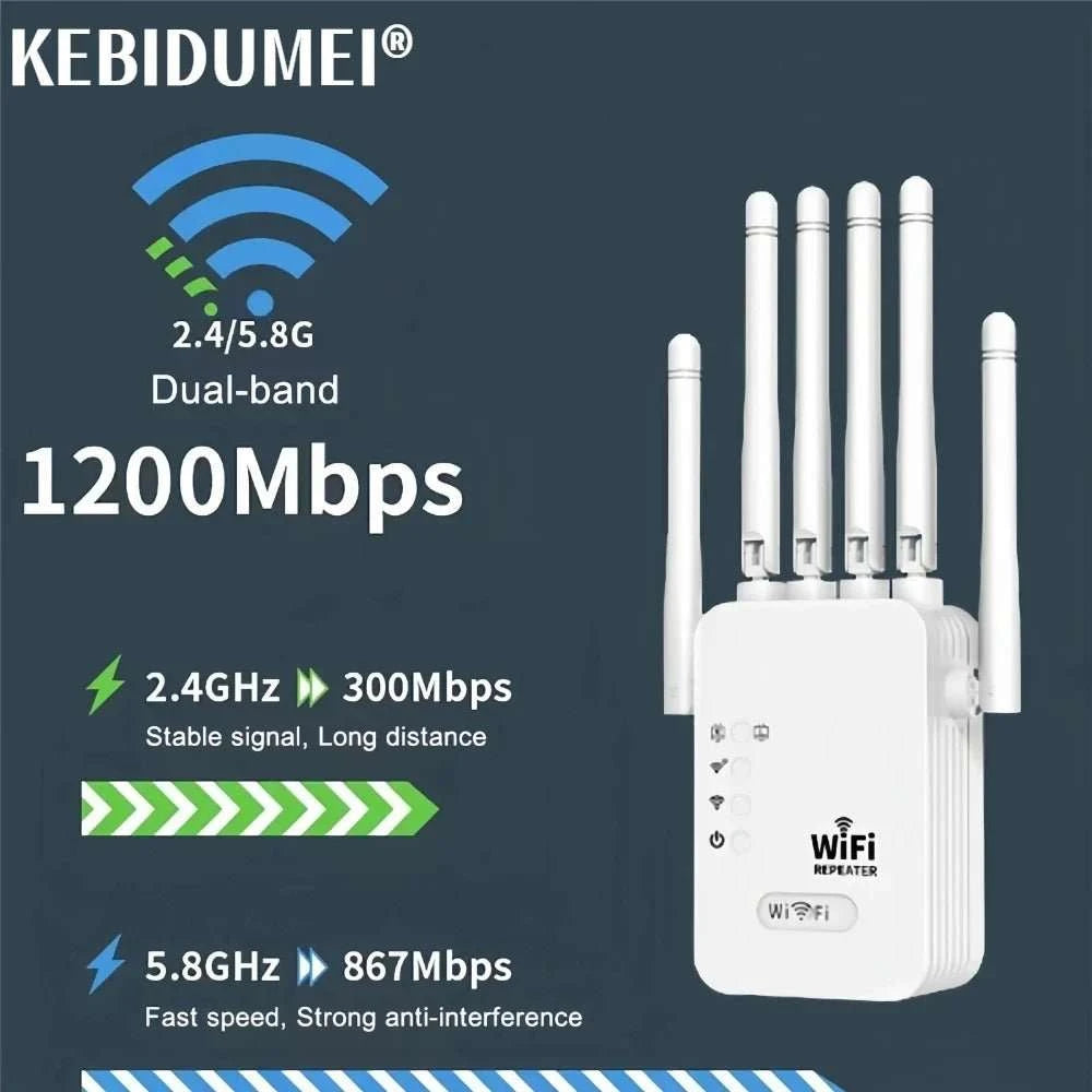 1200Mbps Wireless WiFi Repeater WIFI Extender WiFi Booster 2.4G/5G Network Amplifier 360° Full Coverage Signal For Small Office - MarketDomez