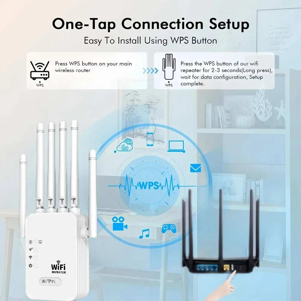 1200Mbps Wireless WiFi Repeater WIFI Extender WiFi Booster 2.4G/5G Network Amplifier 360° Full Coverage Signal For Small Office - MarketDomez