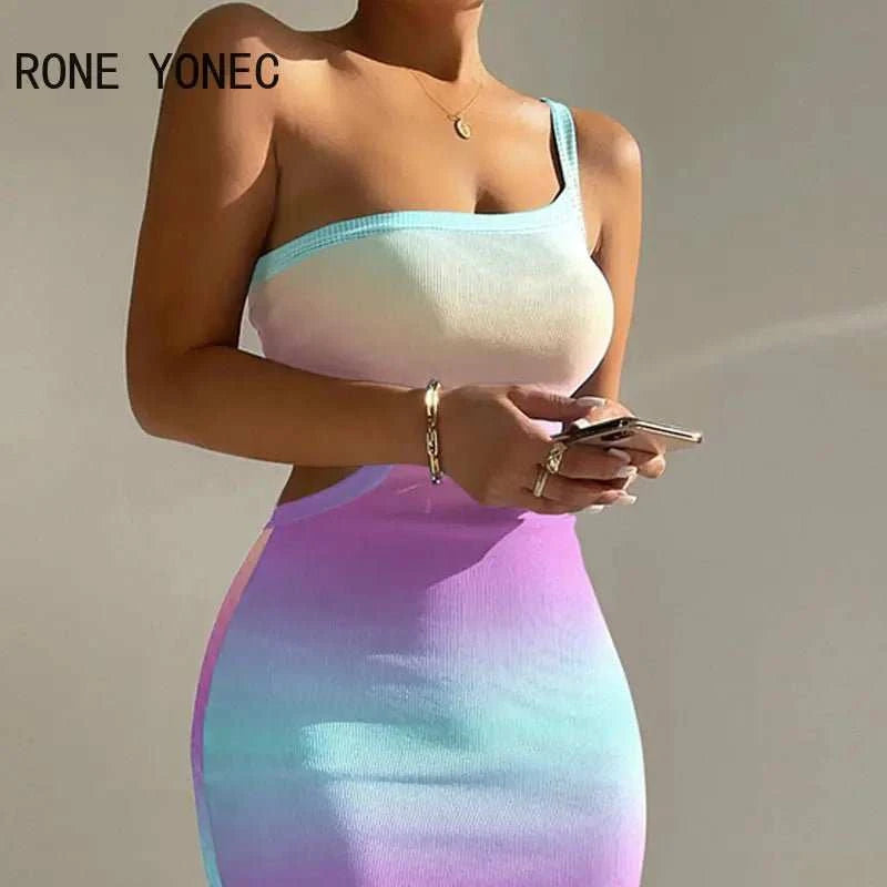 2023 Women Elegant Thick Straps One Shoulder Midriff Vacation Sexy Midi Dresses - MarketDomez