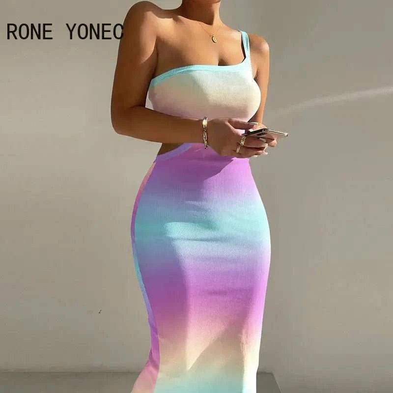 2023 Women Elegant Thick Straps One Shoulder Midriff Vacation Sexy Midi Dresses - MarketDomez