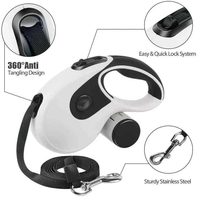 5M Retractable Dog Leash Roulette Leashes with Poop Bag Dispenser - MarketDomez