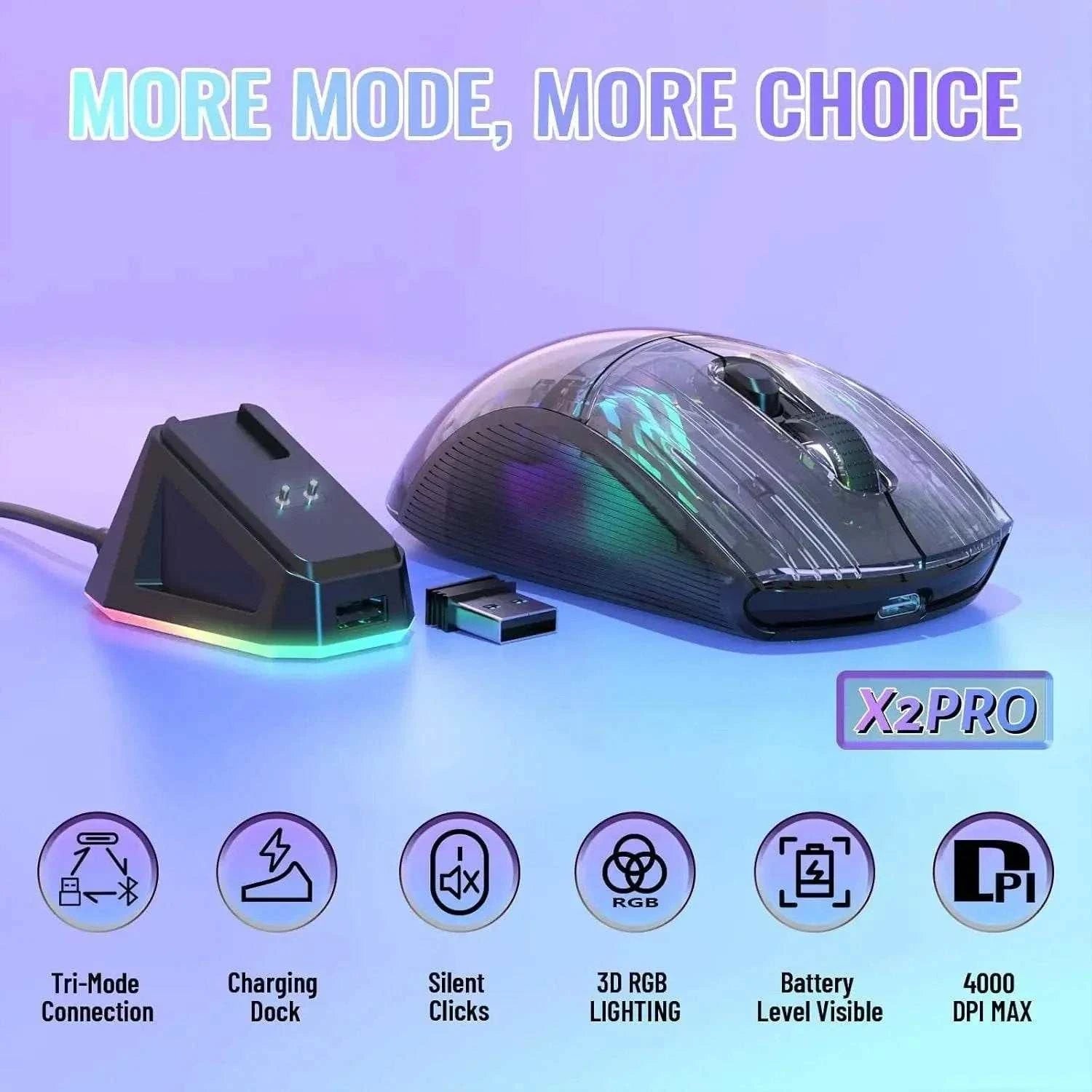 ATTACK SHARK X2 Pro Triple Mode Wireless Transparent Shell Gaming Mouse RGB Rechargeable 4000 DPI Rechargeable Dock Mouse - MarketDomez