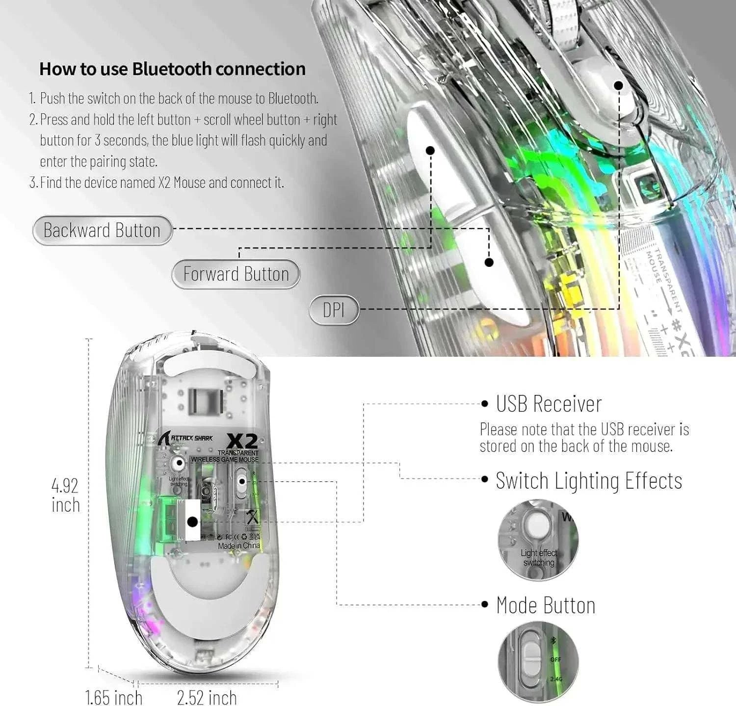 ATTACK SHARK X2 Pro Triple Mode Wireless Transparent Shell Gaming Mouse RGB Rechargeable 4000 DPI Rechargeable Dock Mouse - MarketDomez