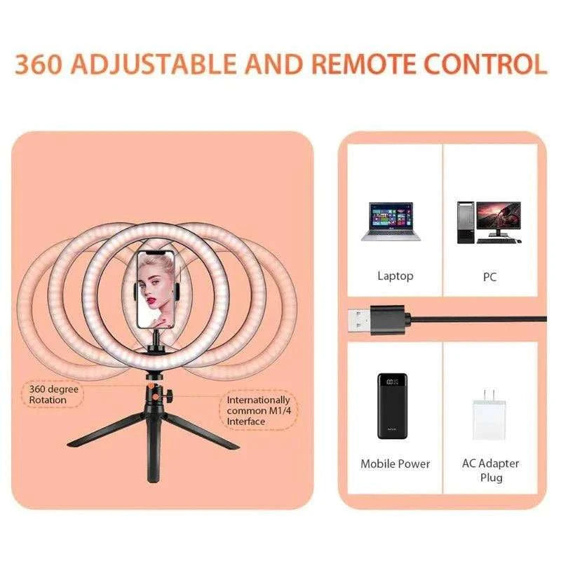 LED Selfie Ring Light 3 modes Dimmable Photography Lamp with 50cm Tripod Remote control for Tiktok Video Live Makeup Fill Light - MarketDomez