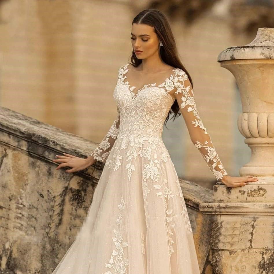 Mori Style Long Sleeve Simple Round Neck Wedding Dress - MarketDomez