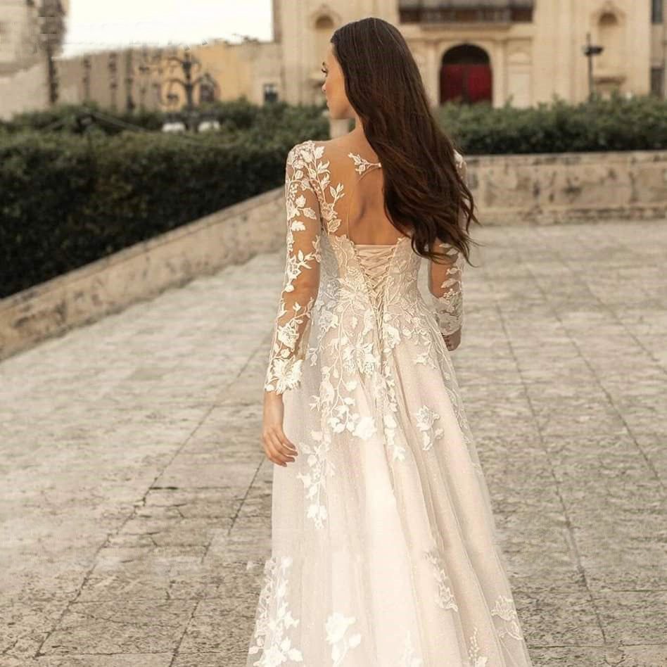 Mori Style Long Sleeve Simple Round Neck Wedding Dress - MarketDomez