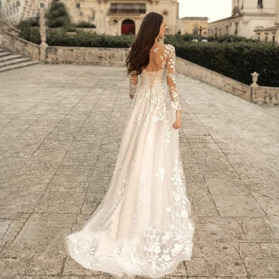 Mori Style Long Sleeve Simple Round Neck Wedding Dress - MarketDomez