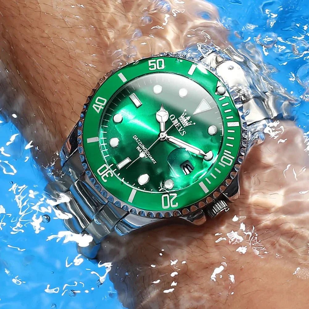 OLEVS Men Watch Diver Green Waterproof Watch for Men Stainless Steel Quartz Men Luxury Watch - MarketDomez