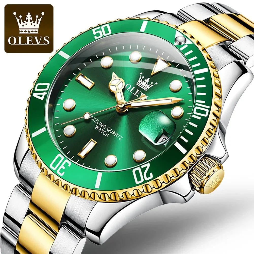 OLEVS Men Watch Diver Green Waterproof Watch for Men Stainless Steel Quartz Men Luxury Watch - MarketDomez