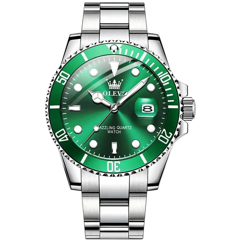 OLEVS Men Watch Diver Green Waterproof Watch for Men Stainless Steel Quartz Men Luxury Watch - MarketDomez