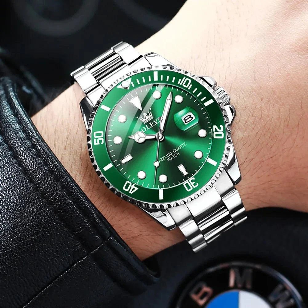 OLEVS Men Watch Diver Green Waterproof Watch for Men Stainless Steel Quartz Men Luxury Watch - MarketDomez