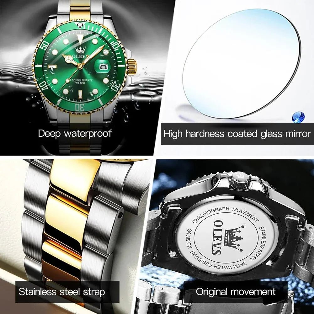 OLEVS Men Watch Diver Green Waterproof Watch for Men Stainless Steel Quartz Men Luxury Watch - MarketDomez