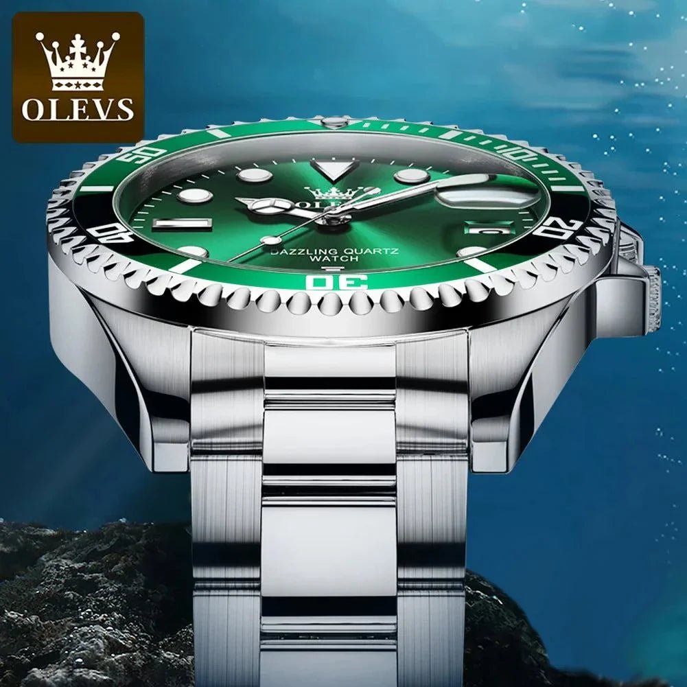 OLEVS Men Watch Diver Green Waterproof Watch for Men Stainless Steel Quartz Men Luxury Watch - MarketDomez