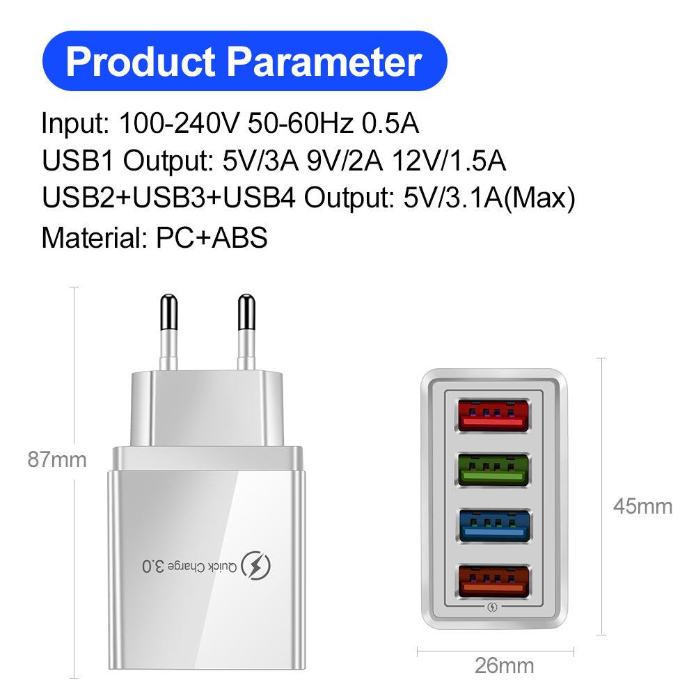 USB Charger Quick Charge 3.0 4 Phone Adapter For Tablet Portable Wall Mobile Charger Fast Charger - MarketDomez