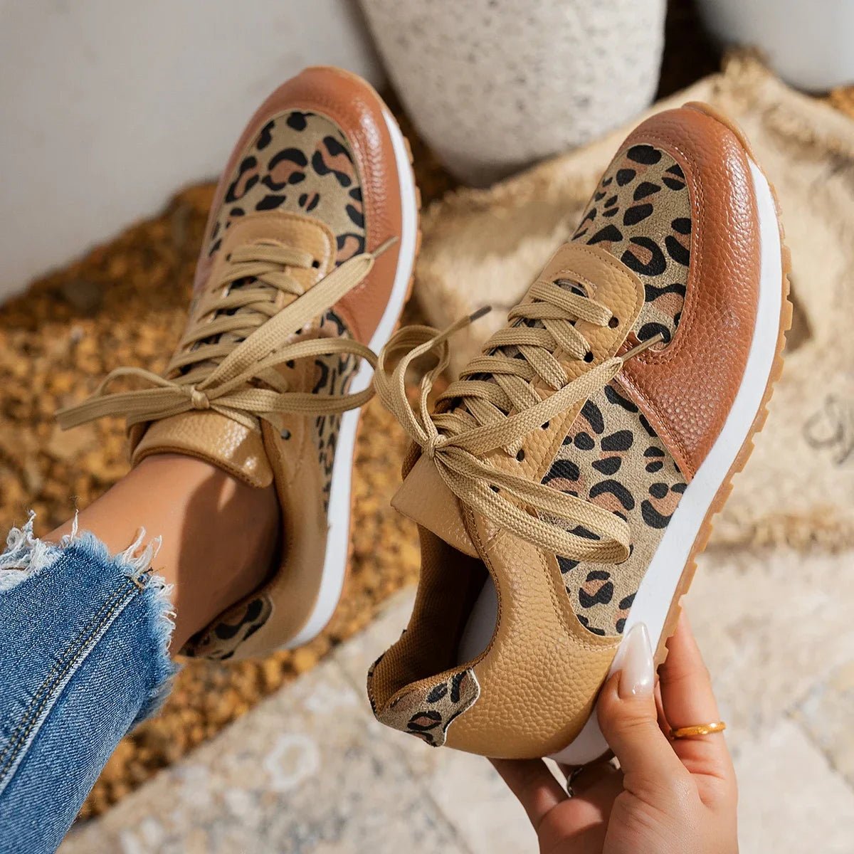 Women Platform Sneakers new Round Toe Low - top Leopard Wedge Shoes Women Lace Up Sports Casual Shoes for Women Zapatos De Mujer - MarketDomez