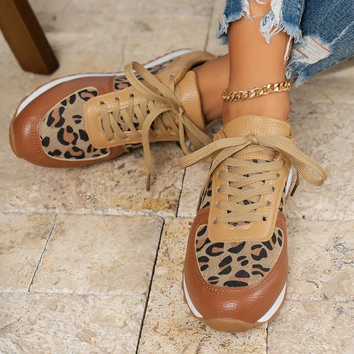 Women Platform Sneakers new Round Toe Low - top Leopard Wedge Shoes Women Lace Up Sports Casual Shoes for Women Zapatos De Mujer - MarketDomez